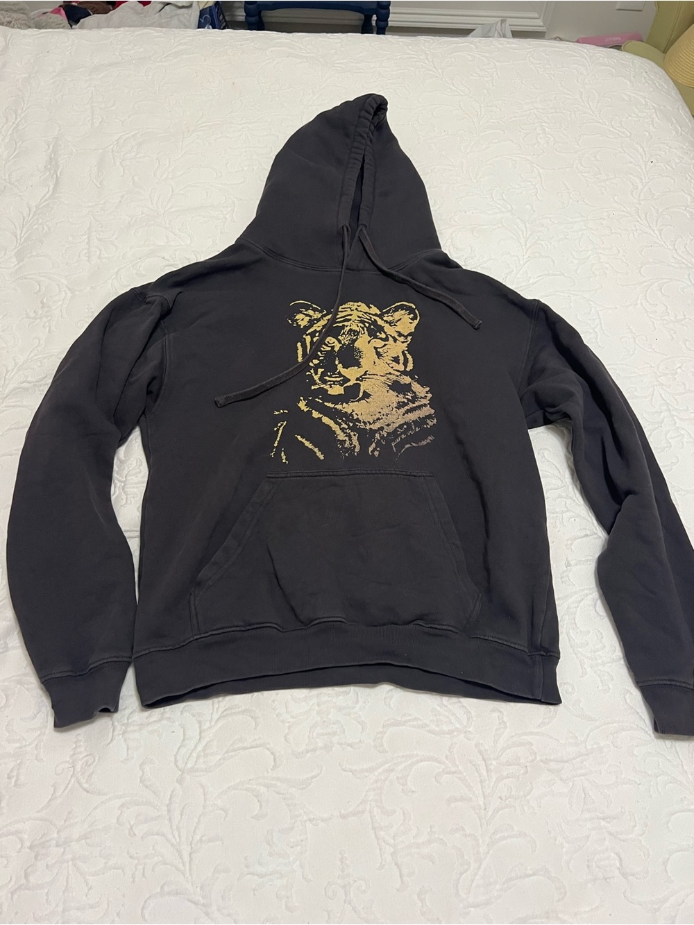 Pura Vida Black Hoodie with Gold Tiger Graphic and front pocket size Small